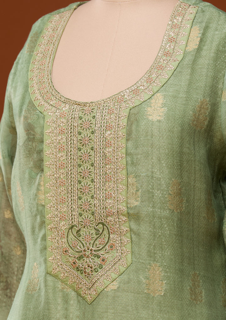 Pista Green Zariwork (Gold) Chanderi Readymade Salwar Suit