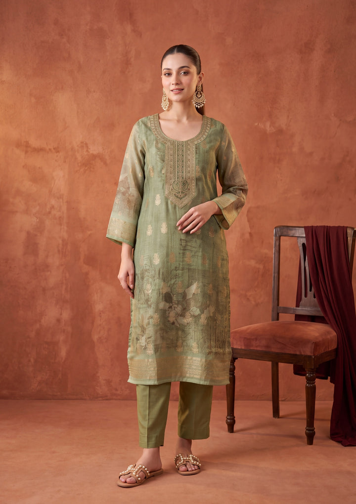 Pista Green Zariwork (Gold) Chanderi Readymade Salwar Suit