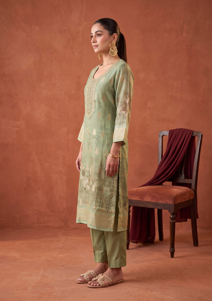 Pista Green Zariwork (Gold) Chanderi Readymade Salwar Suit