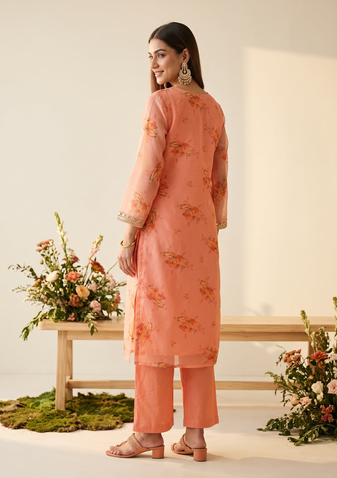 Peach Cording Organza Readymade Salwar Suit