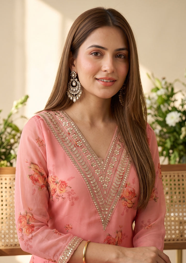 Peach Cording Organza Readymade Salwar Suit