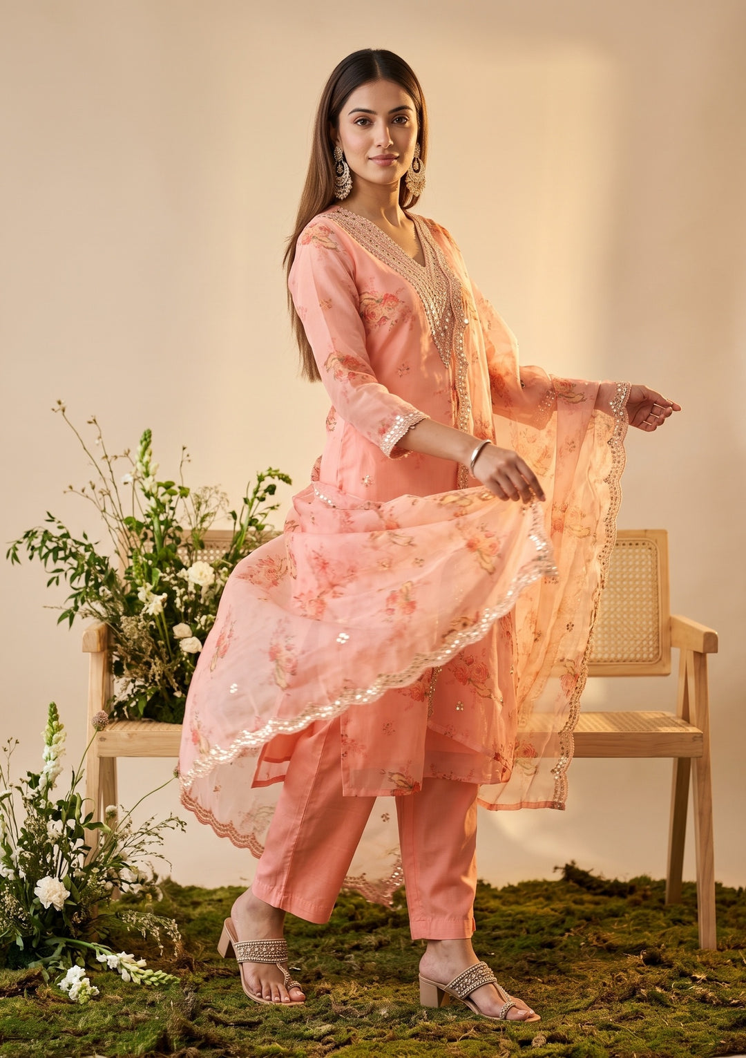Peach Cording Organza Readymade Salwar Suit