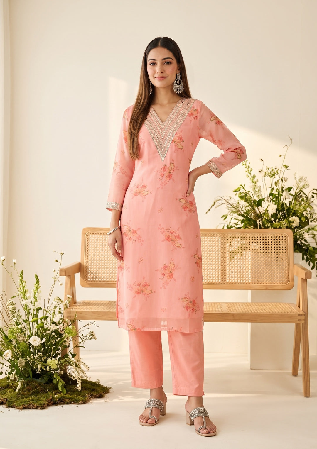 Peach Cording Organza Readymade Salwar Suit