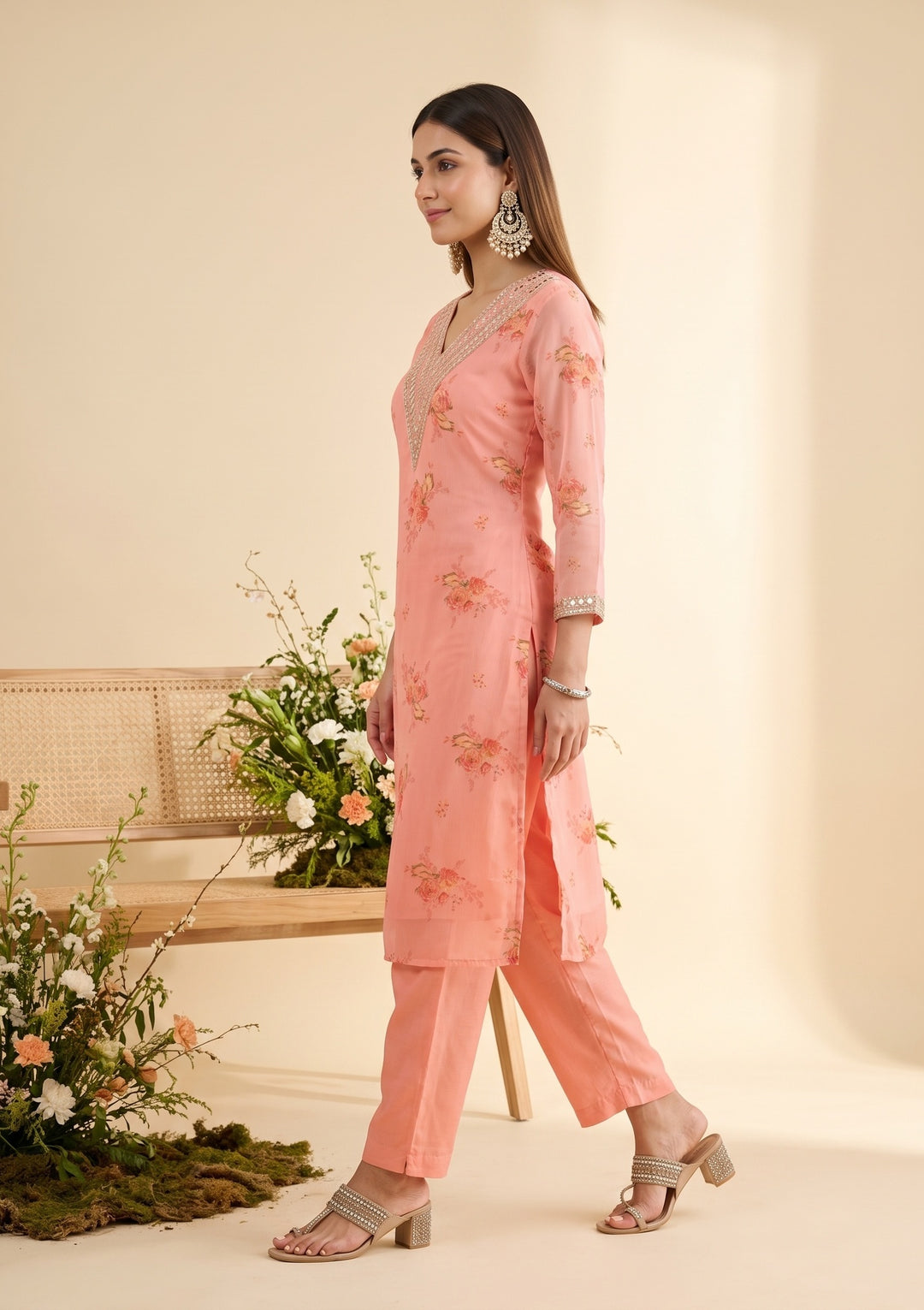 Peach Cording Organza Readymade Salwar Suit