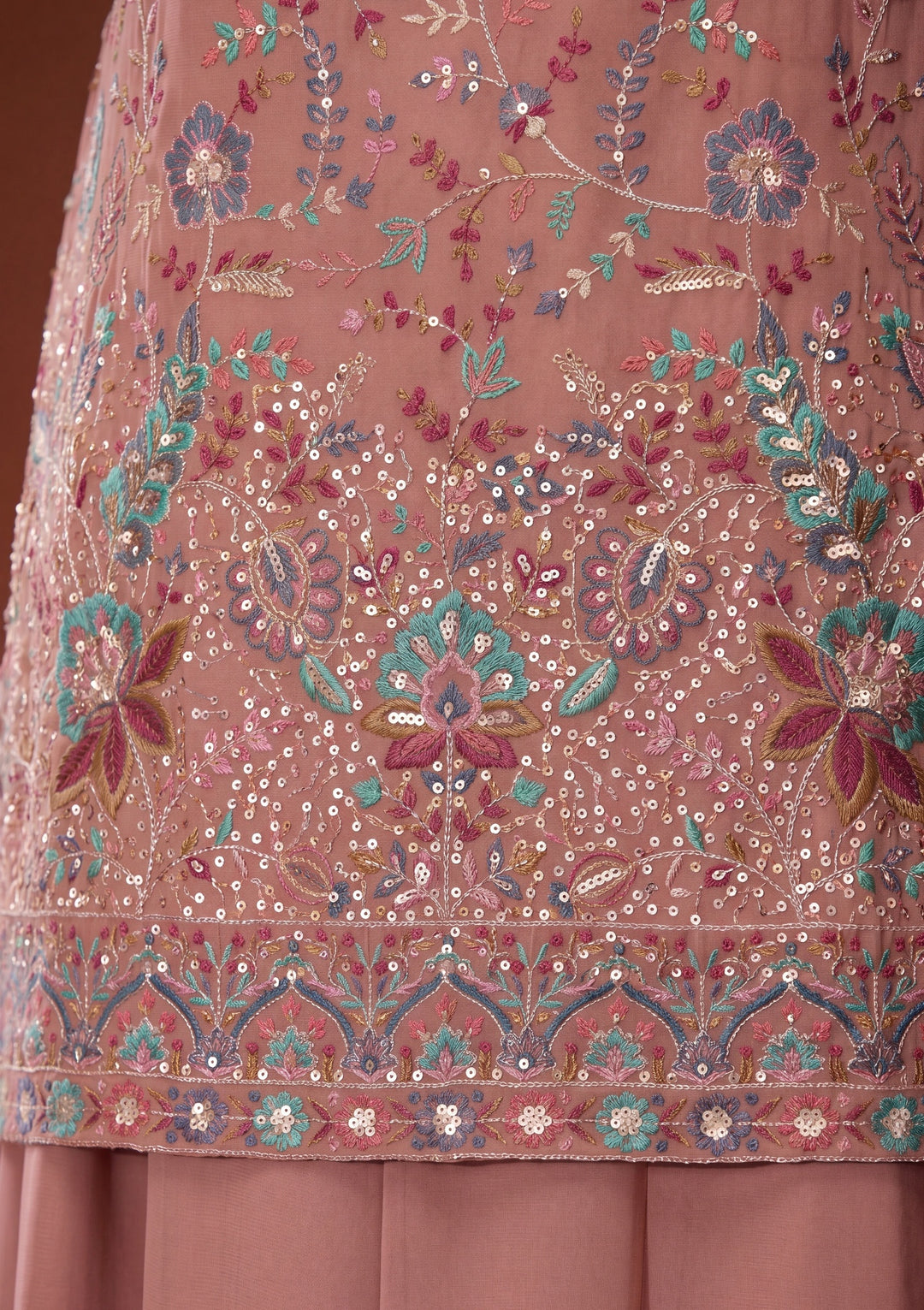 Peach Threadwork Georgette Readymade Salwar Suit