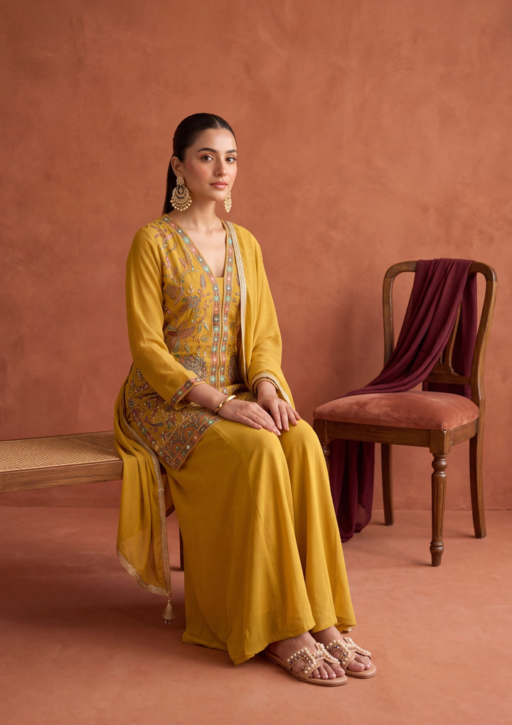 Mustard Yellow Threadwork Georgette Readymade Salwar Suit