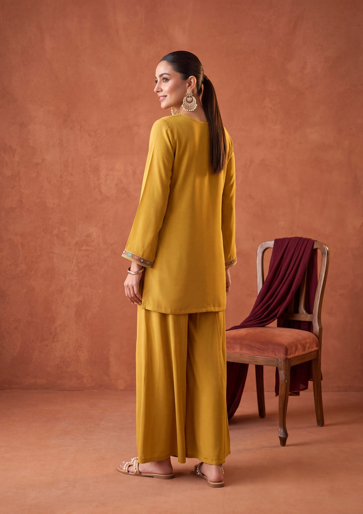 Mustard Yellow Threadwork Georgette Readymade Salwar Suit