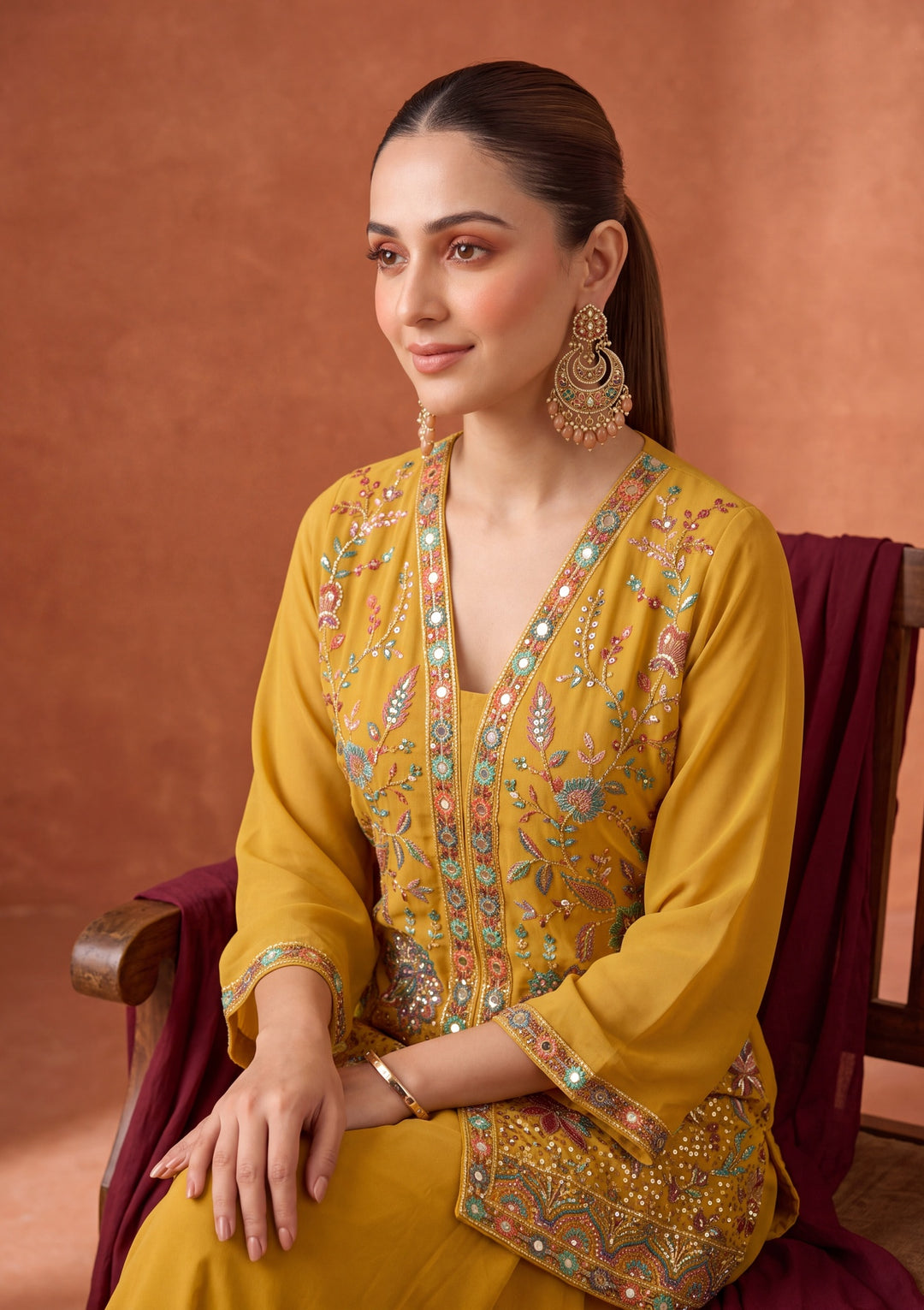 Mustard Yellow Threadwork Georgette Readymade Salwar Suit