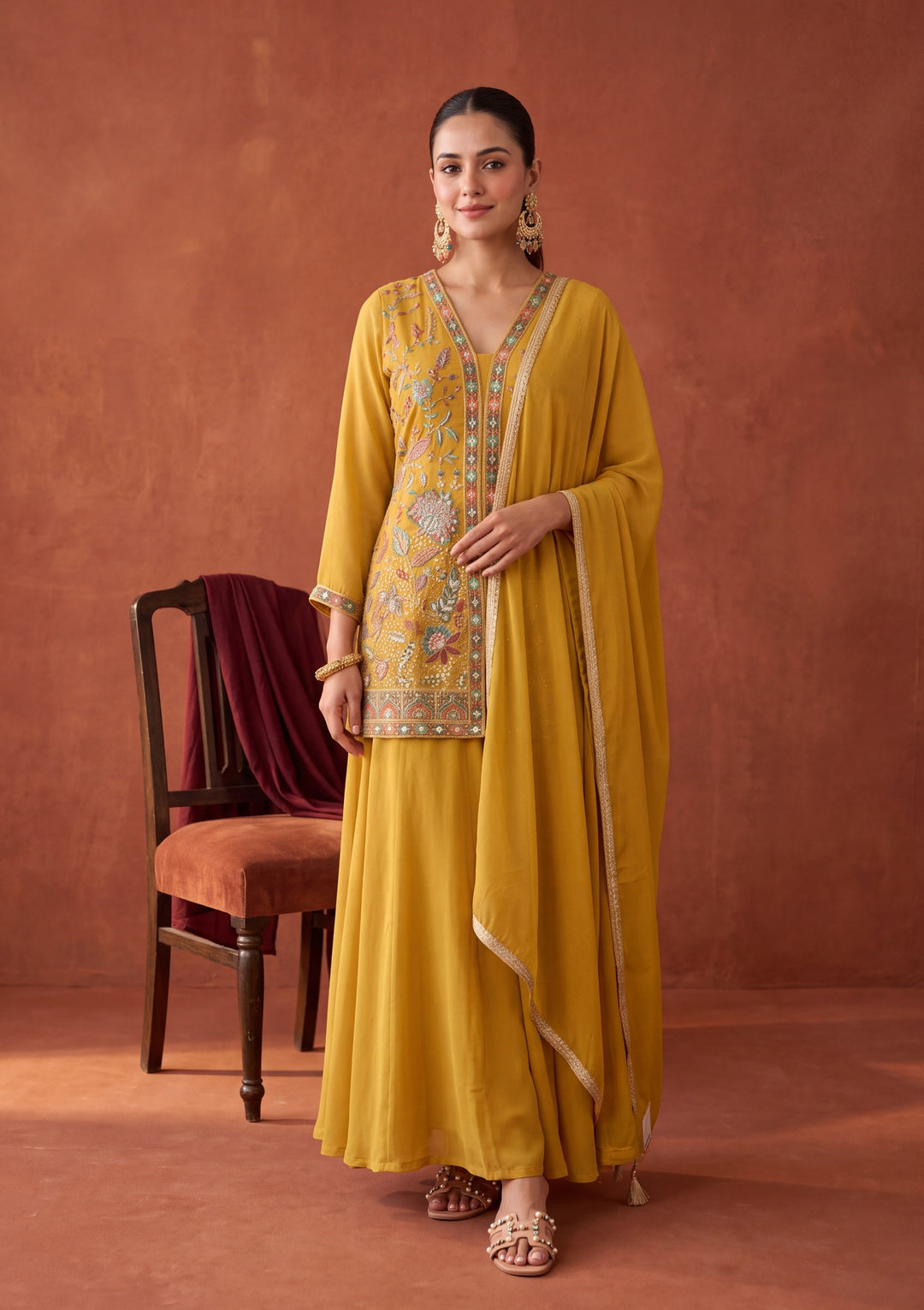 Mustard Yellow Threadwork Georgette Readymade Salwar Suit