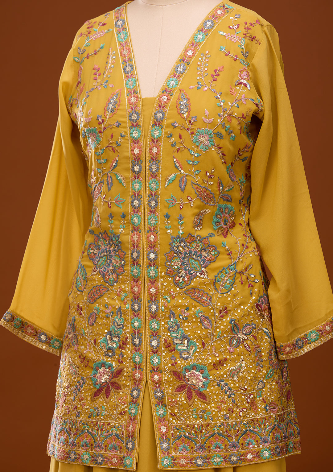 Mustard Yellow Threadwork Georgette Readymade Salwar Suit
