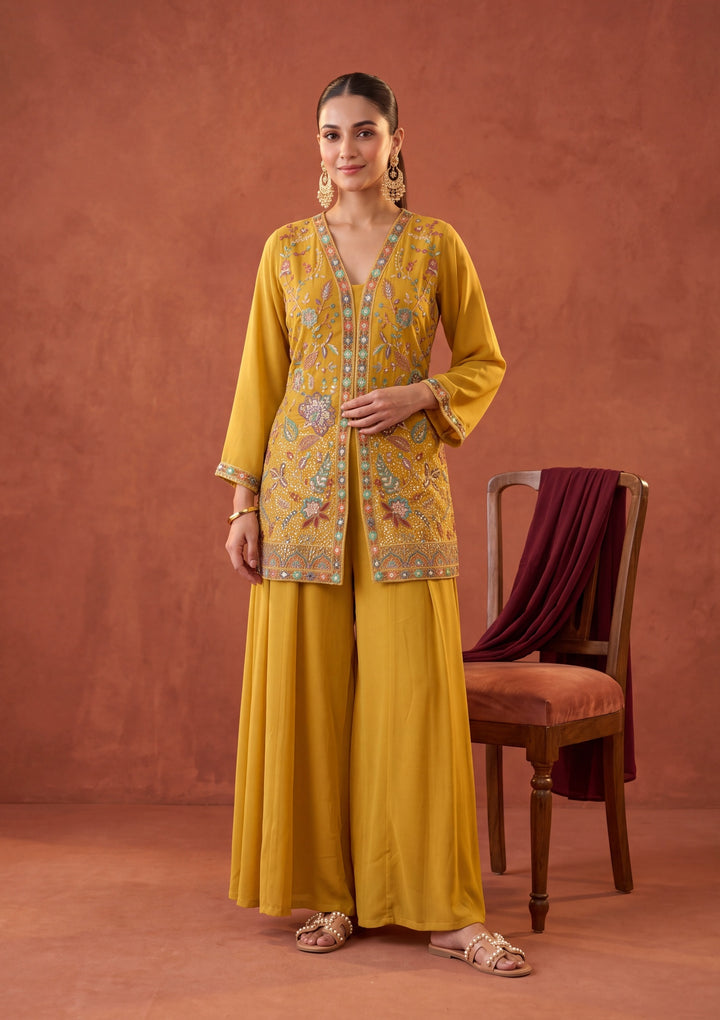 Mustard Yellow Threadwork Georgette Readymade Salwar Suit