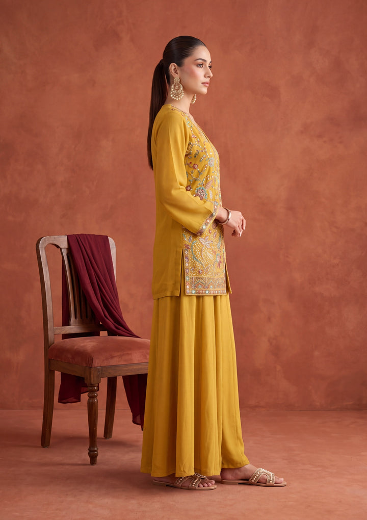 Mustard Yellow Threadwork Georgette Readymade Salwar Suit