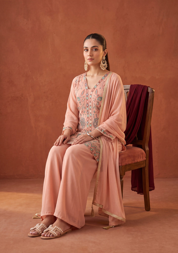 Peach Threadwork Georgette Readymade Salwar Suit
