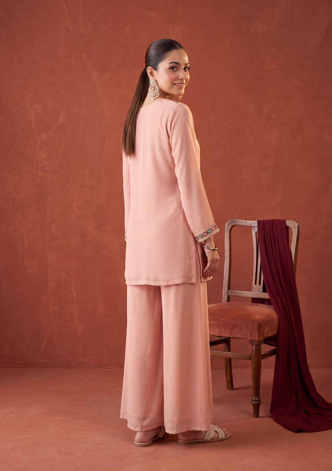 Peach Threadwork Georgette Readymade Salwar Suit