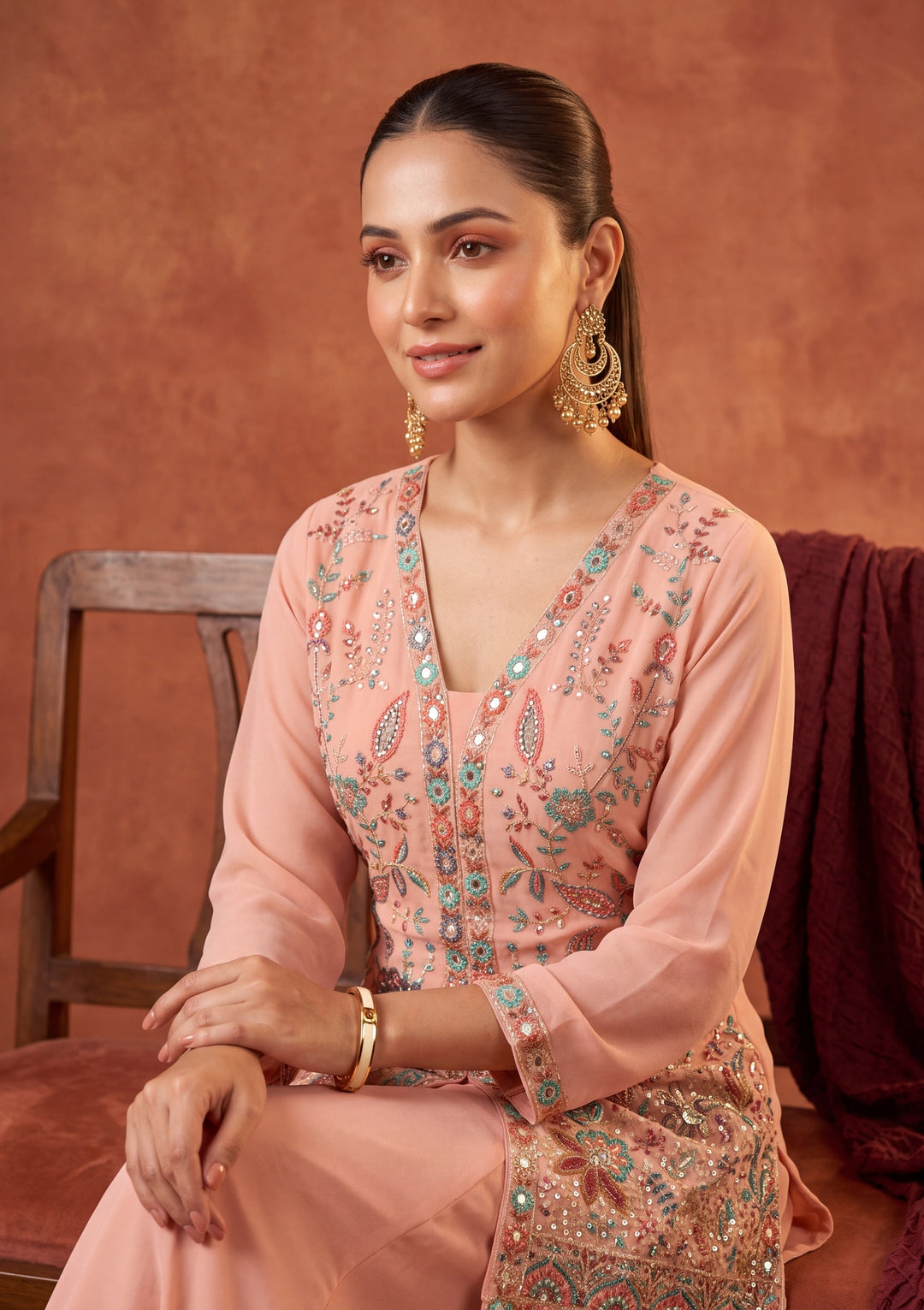 Peach Threadwork Georgette Readymade Salwar Suit
