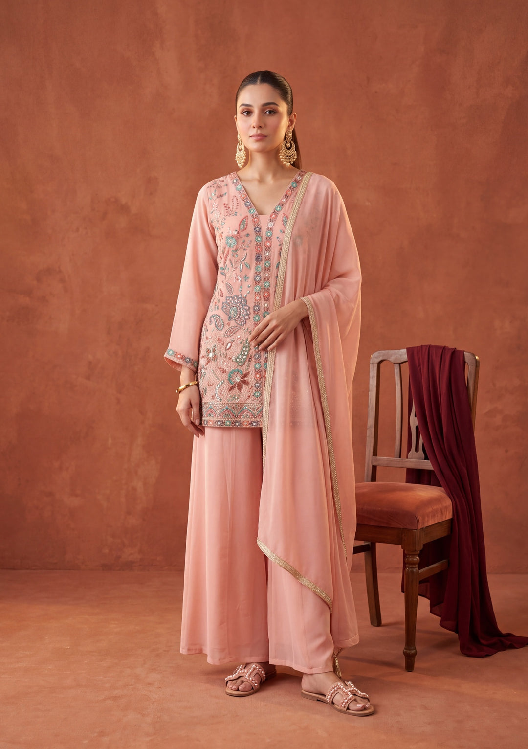 Peach Threadwork Georgette Readymade Salwar Suit