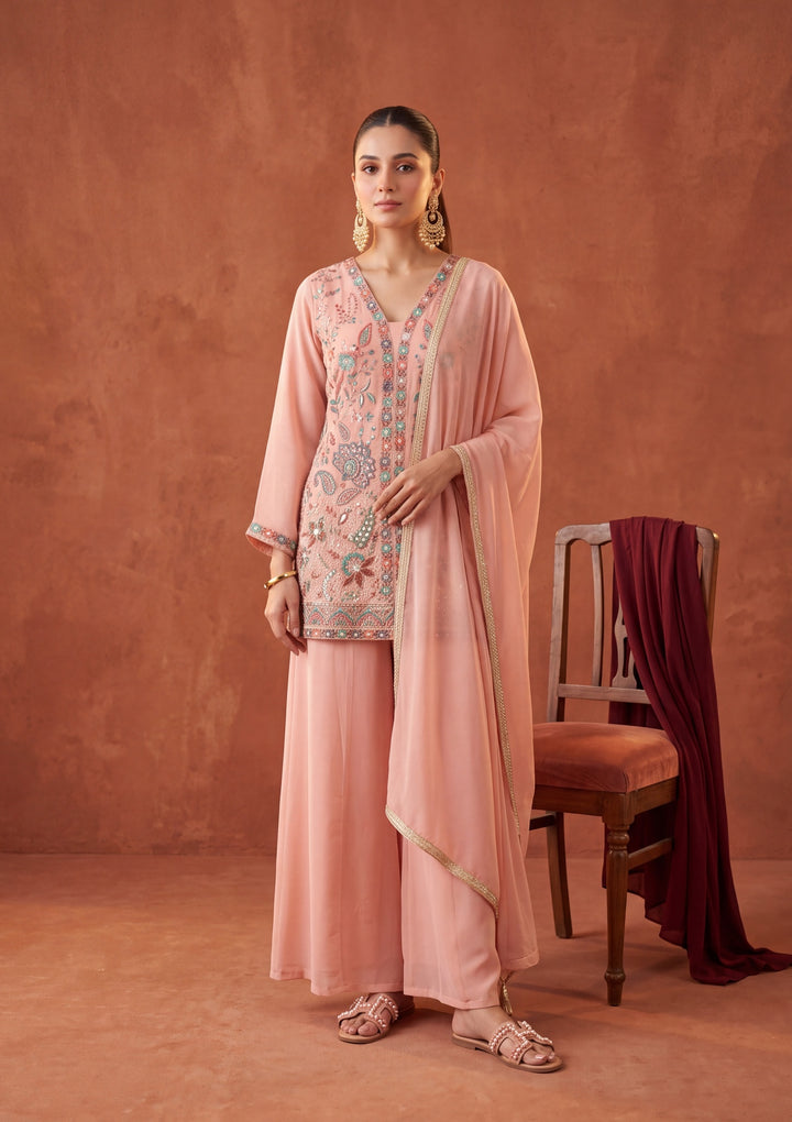 Peach Threadwork Georgette Readymade Salwar Suit