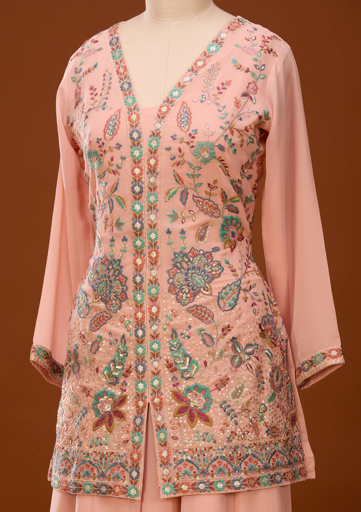 Peach Threadwork Georgette Readymade Salwar Suit