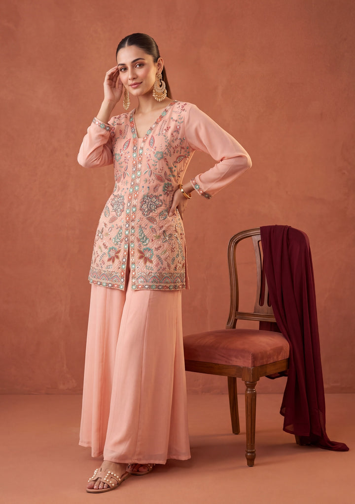Peach Threadwork Georgette Readymade Salwar Suit
