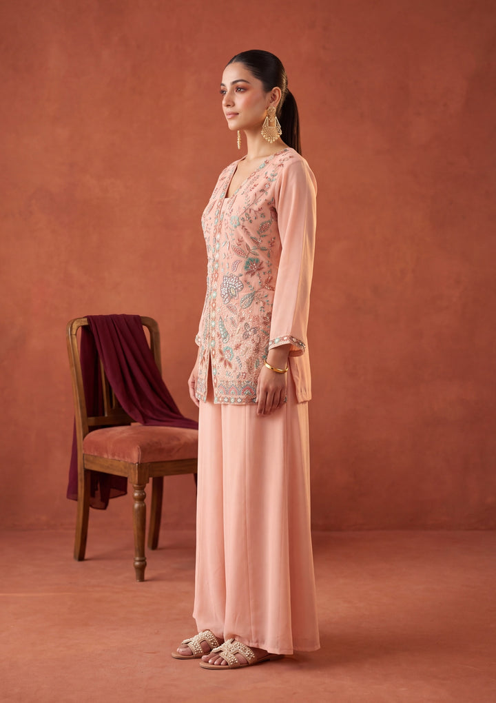 Peach Threadwork Georgette Readymade Salwar Suit