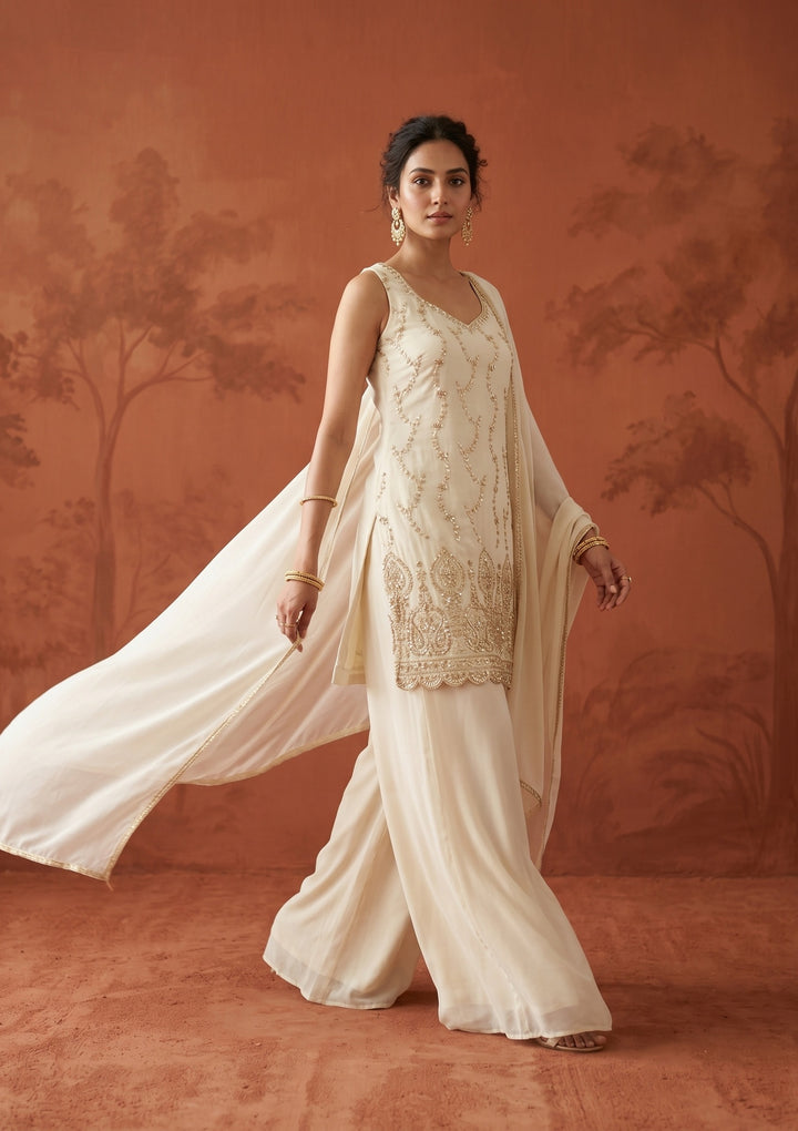 Cream Cutdana Tissue Readymade Salwar Suit