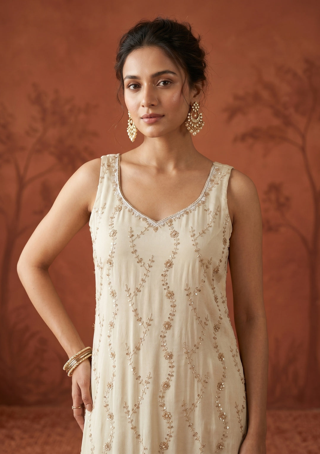 Cream Cutdana Tissue Readymade Salwar Suit