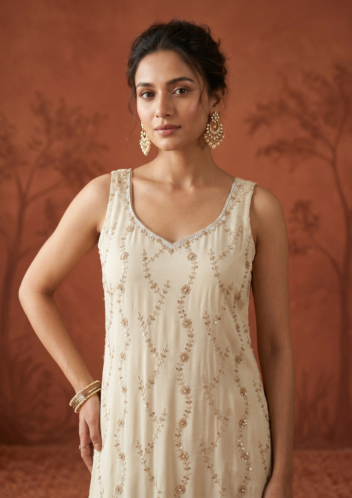 Cream Cutdana Tissue Readymade Salwar Suit
