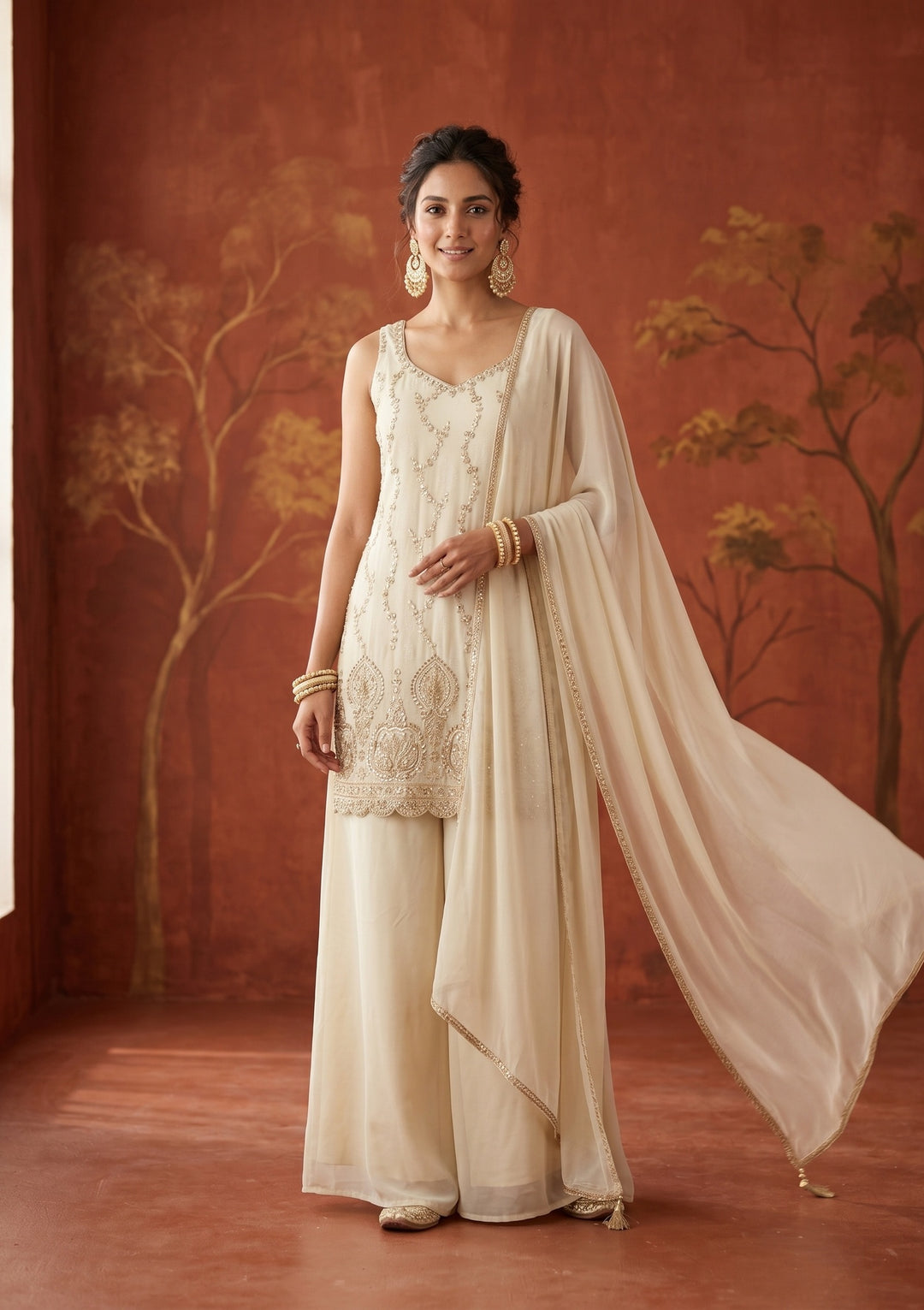 Cream Cutdana Tissue Readymade Salwar Suit