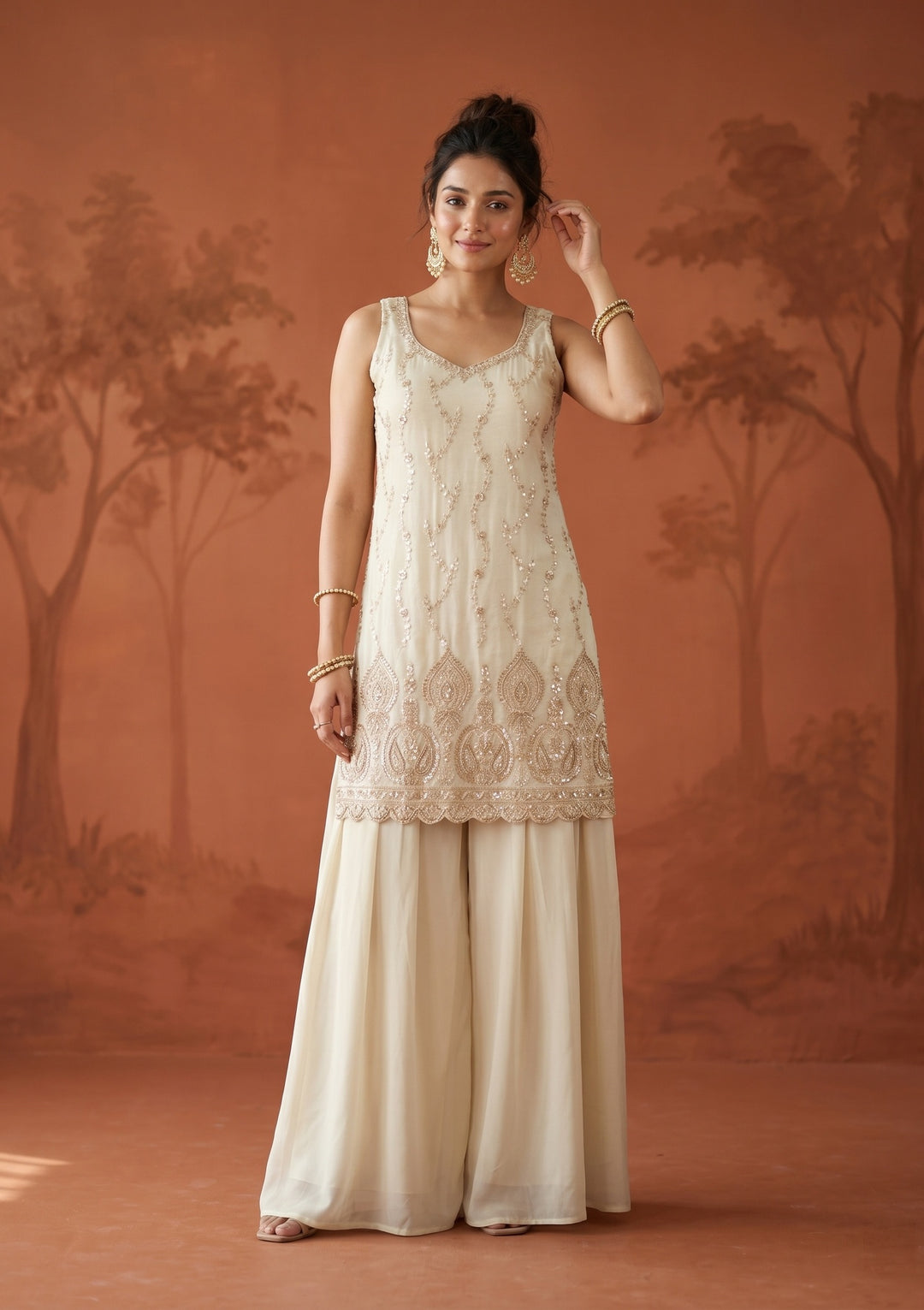 Cream Cutdana Tissue Readymade Salwar Suit