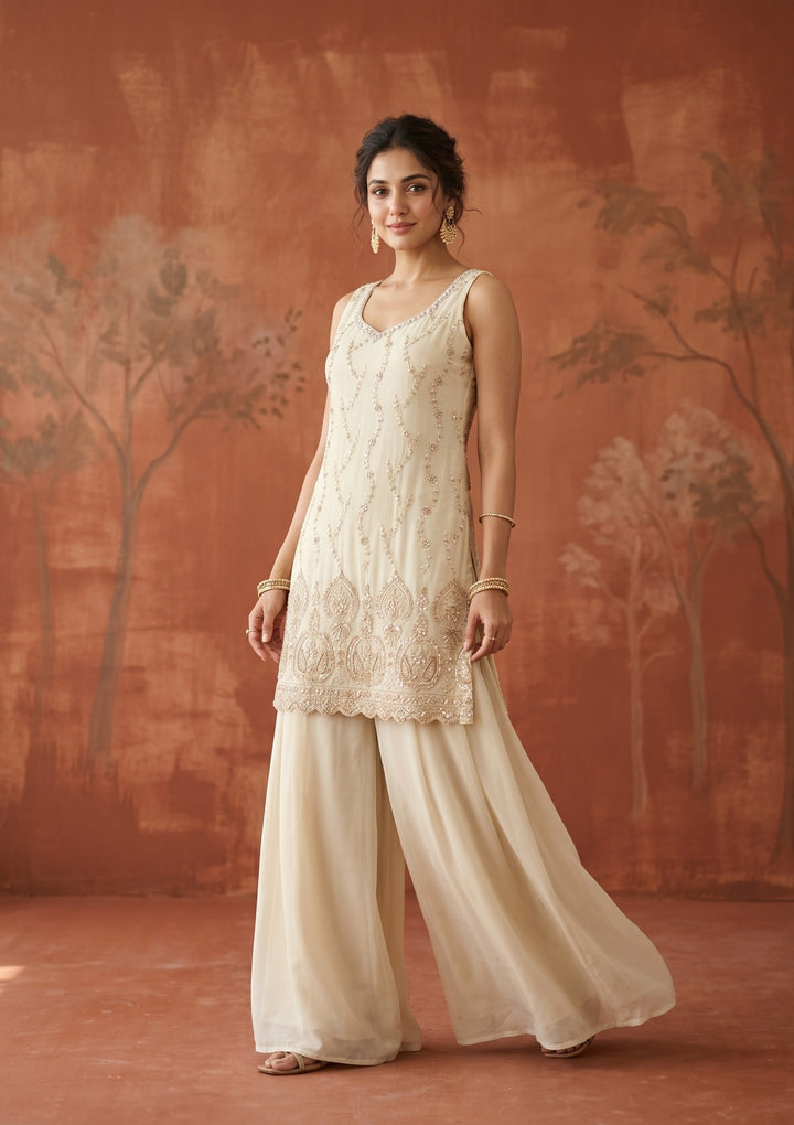 Cream Cutdana Tissue Readymade Salwar Suit