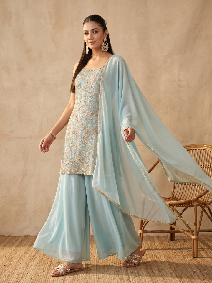 Blue Cutdana Crepe Readymade Salwar Suit