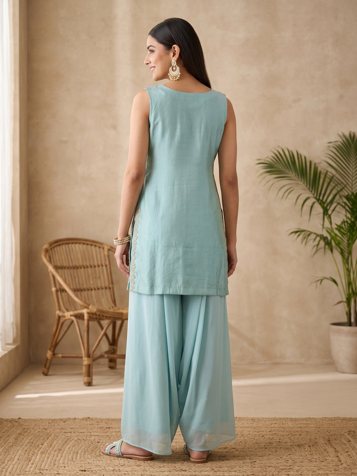 Blue Cutdana Crepe Readymade Salwar Suit