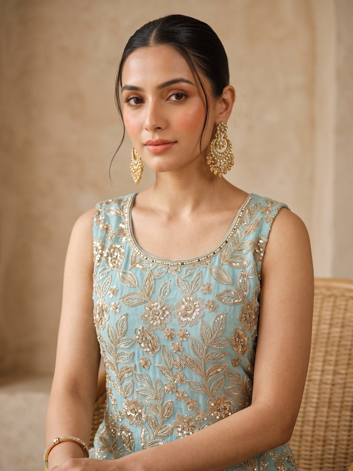 Blue Cutdana Crepe Readymade Salwar Suit