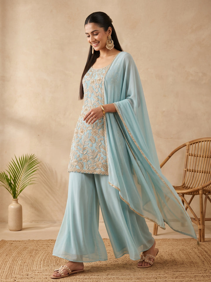 Blue Cutdana Crepe Readymade Salwar Suit