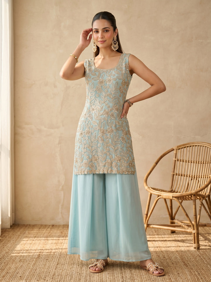 Blue Cutdana Crepe Readymade Salwar Suit