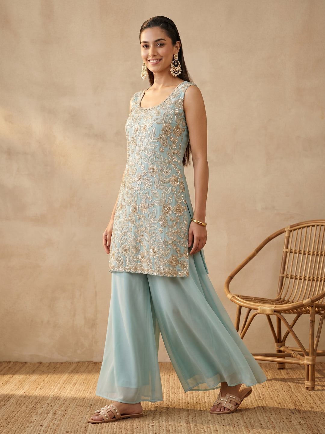 Blue Cutdana Crepe Readymade Salwar Suit