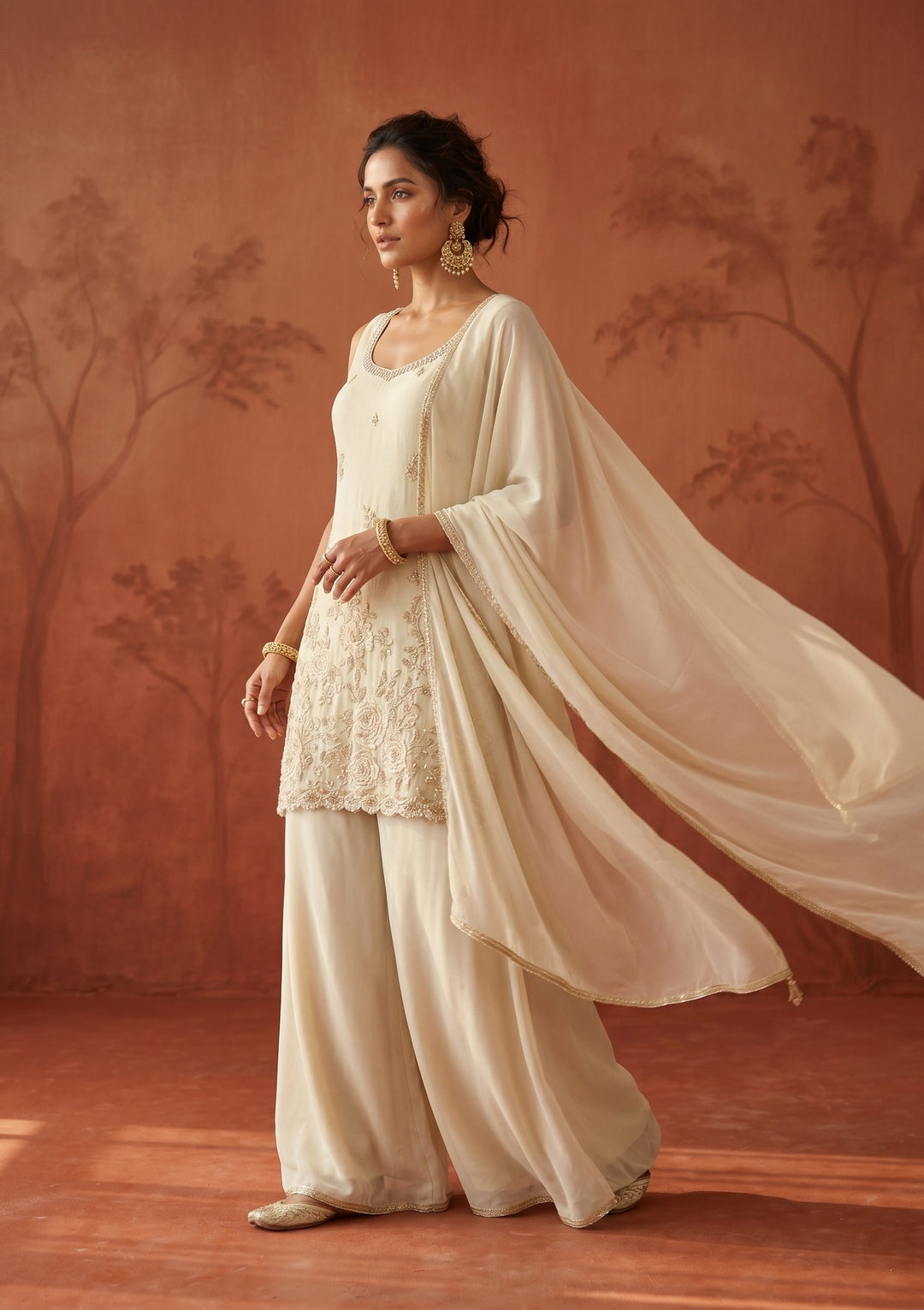 Cream Cutdana Tissue Readymade Salwar Suit