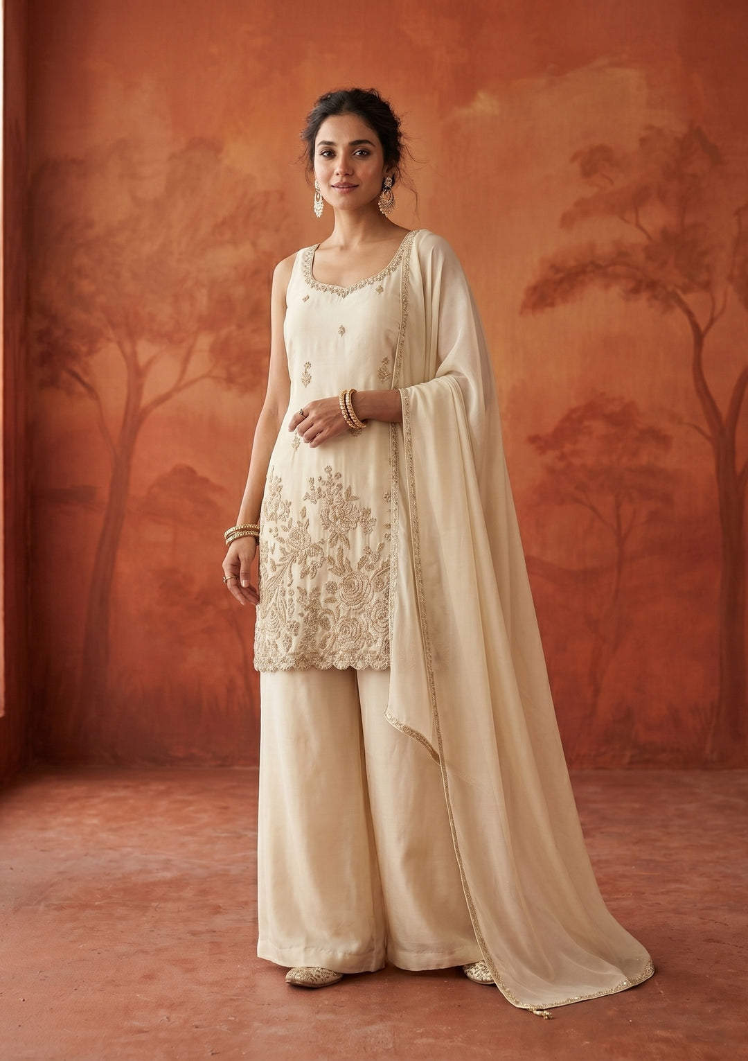 Cream Cutdana Tissue Readymade Salwar Suit
