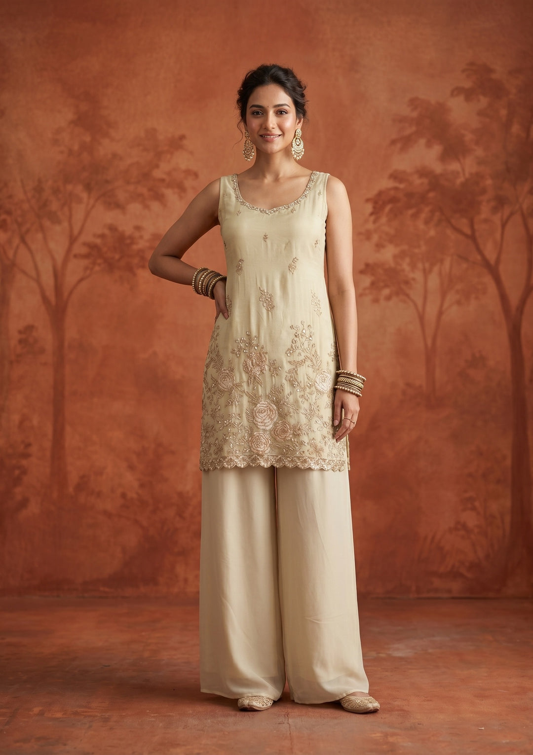 Cream Cutdana Tissue Readymade Salwar Suit