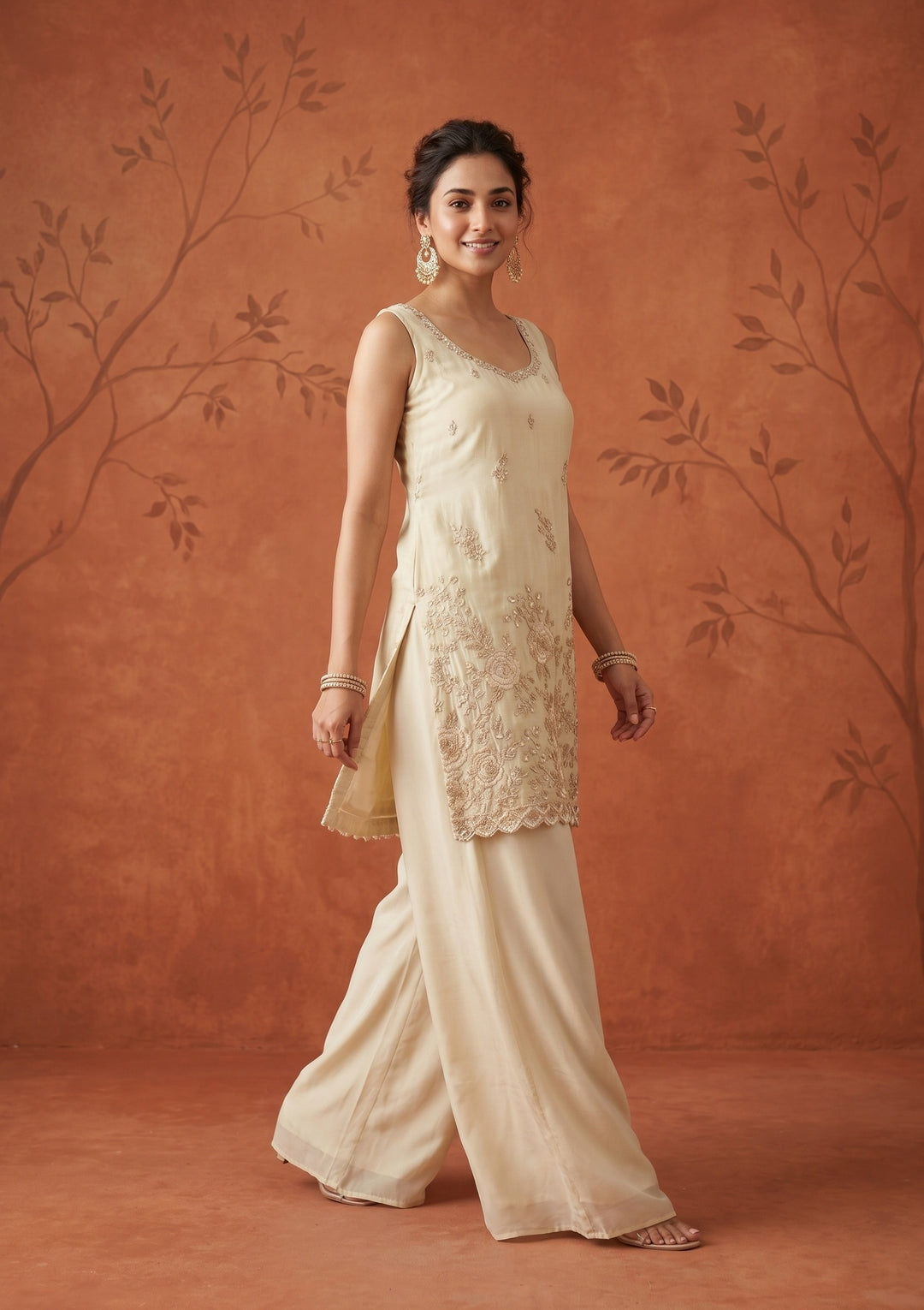 Cream Cutdana Tissue Readymade Salwar Suit