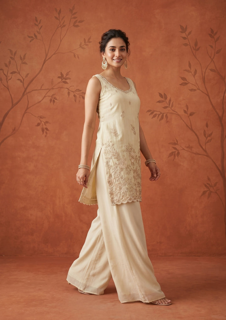 Cream Cutdana Tissue Readymade Salwar Suit