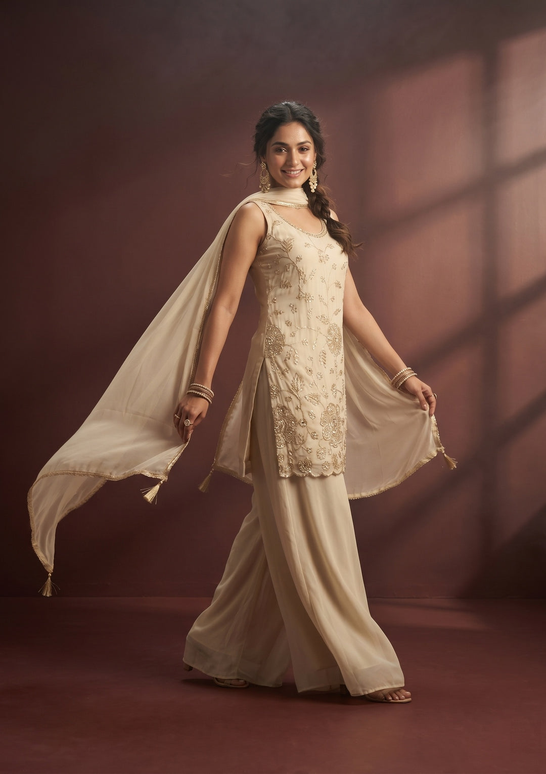 Cream Cutdana Tissue Readymade Salwar Suit