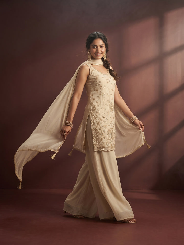 Off White Cutdana Tissue Readymade Salwar Suit