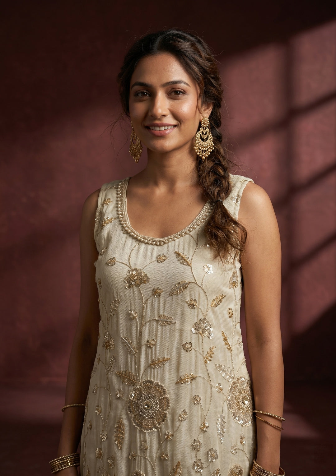 Cream Cutdana Tissue Readymade Salwar Suit