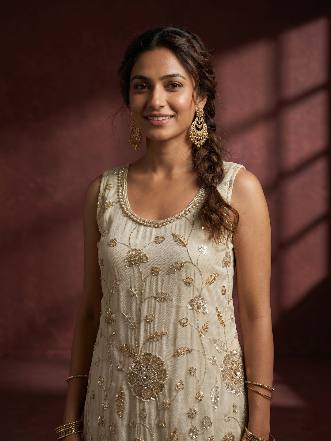 Off White Cutdana Tissue Readymade Salwar Suit