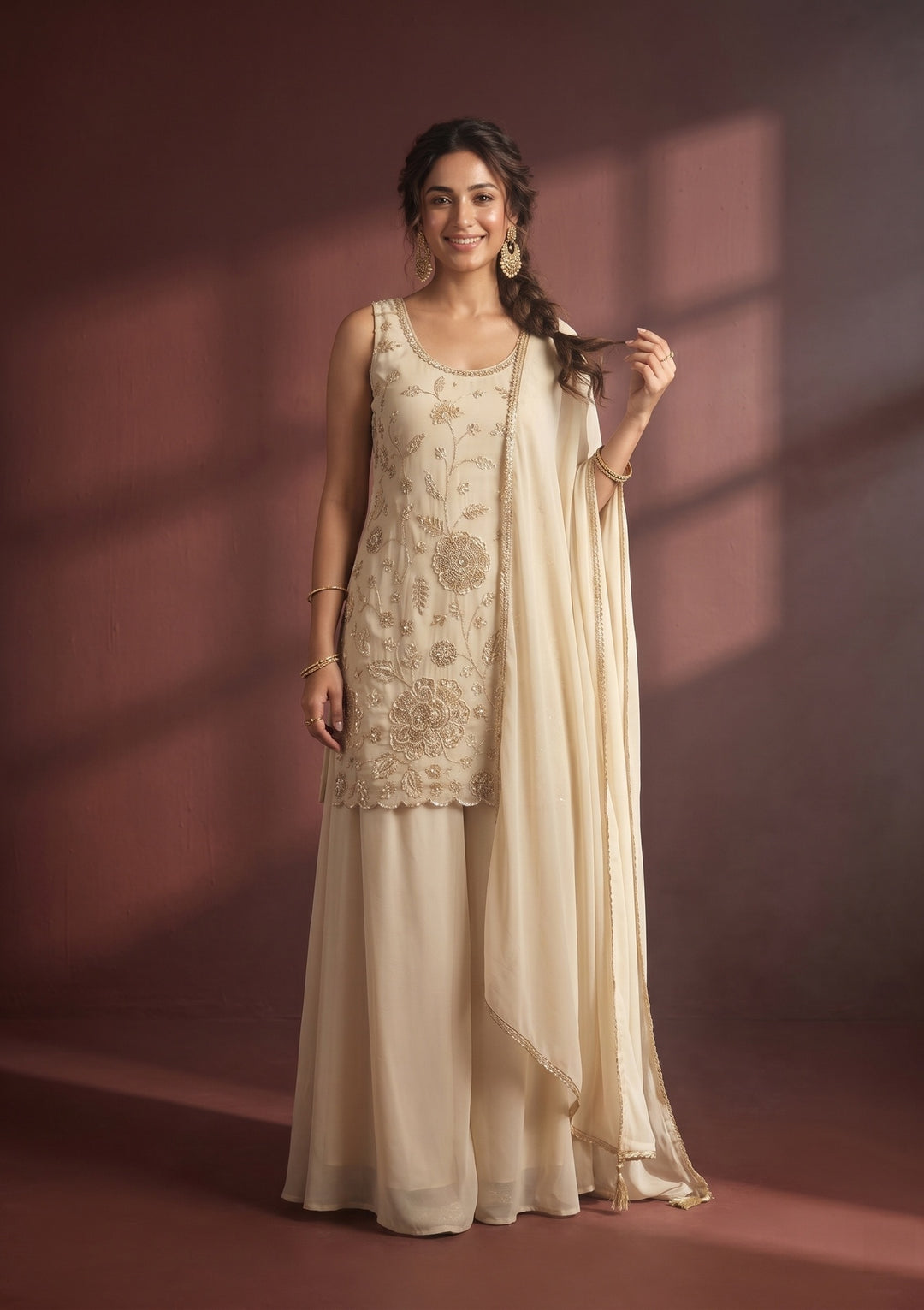 Cream Cutdana Tissue Readymade Salwar Suit