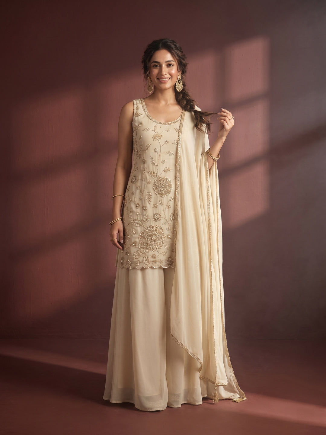 Off White Cutdana Tissue Readymade Salwar Suit