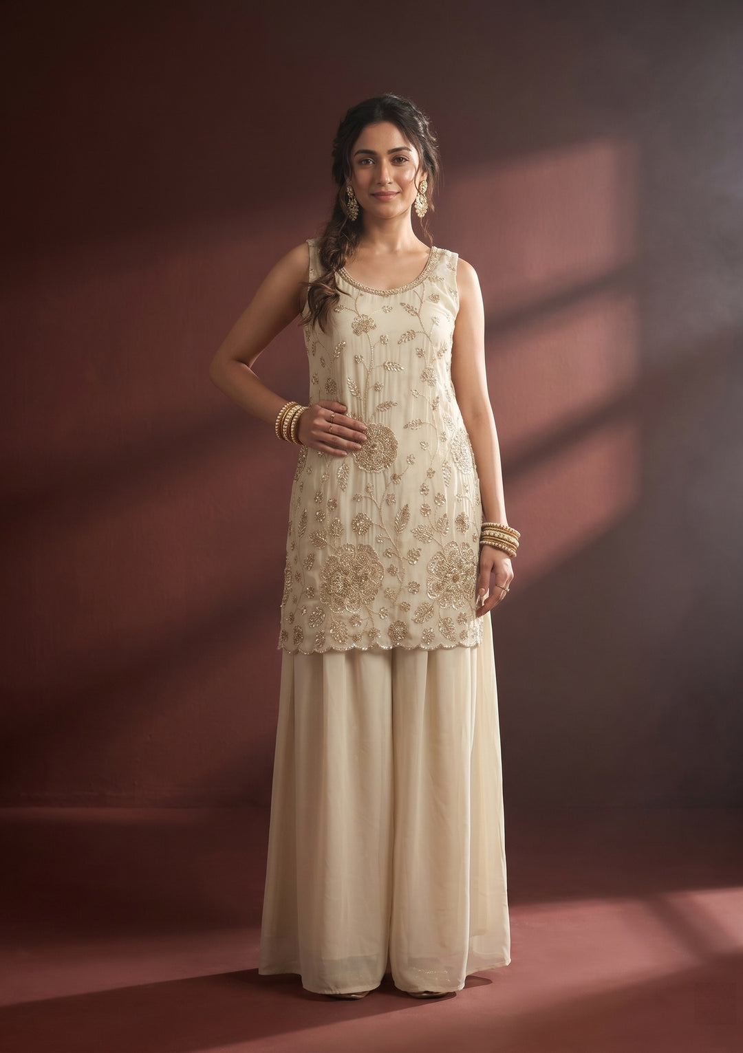 Cream Cutdana Tissue Readymade Salwar Suit