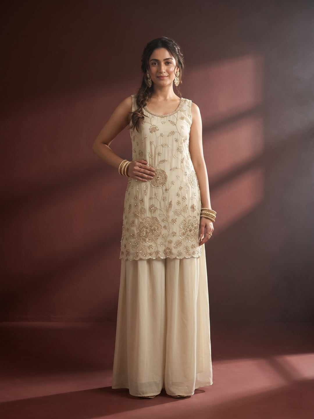 Off White Cutdana Tissue Readymade Salwar Suit