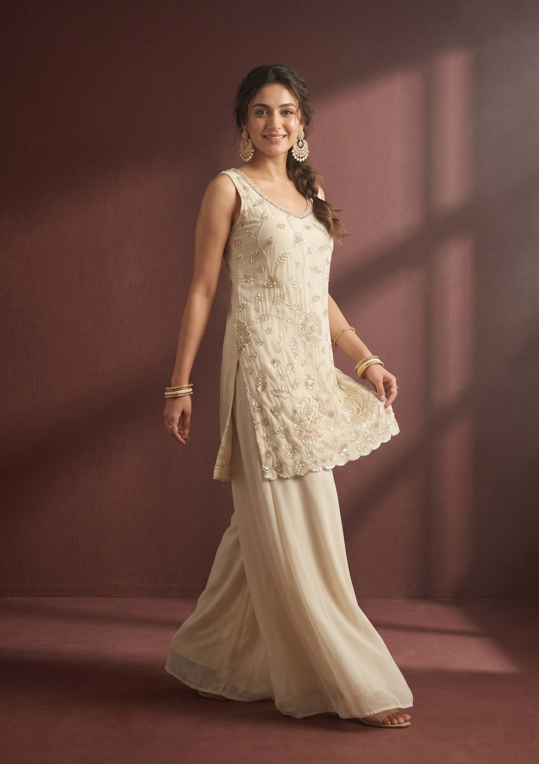 Cream Cutdana Tissue Readymade Salwar Suit